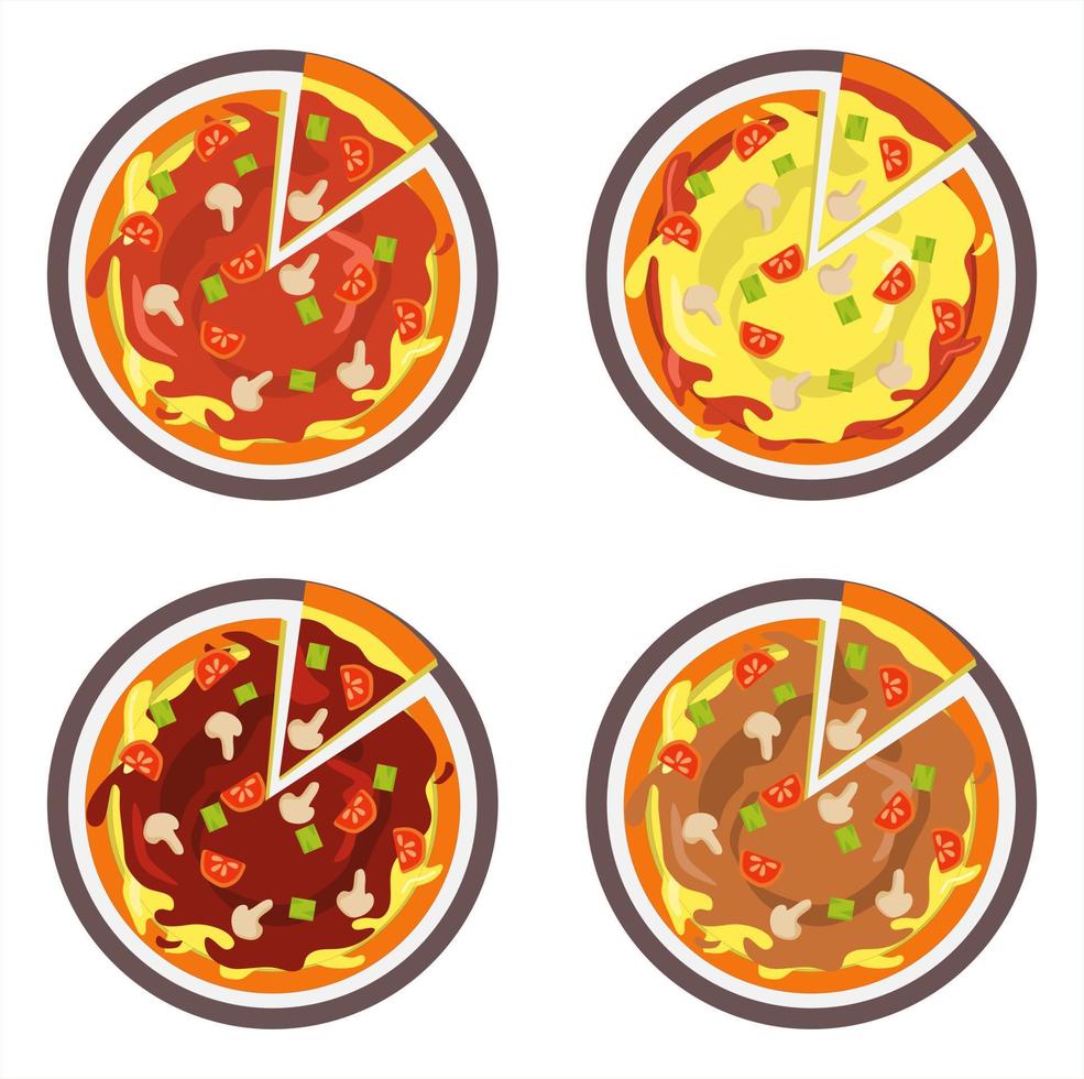 conjunto de ilustração vetorial de fatia de pizza no prato com molho de tomate e queijo. temas de restaurante e comida, adequados para publicidade de produtos alimentícios vetor