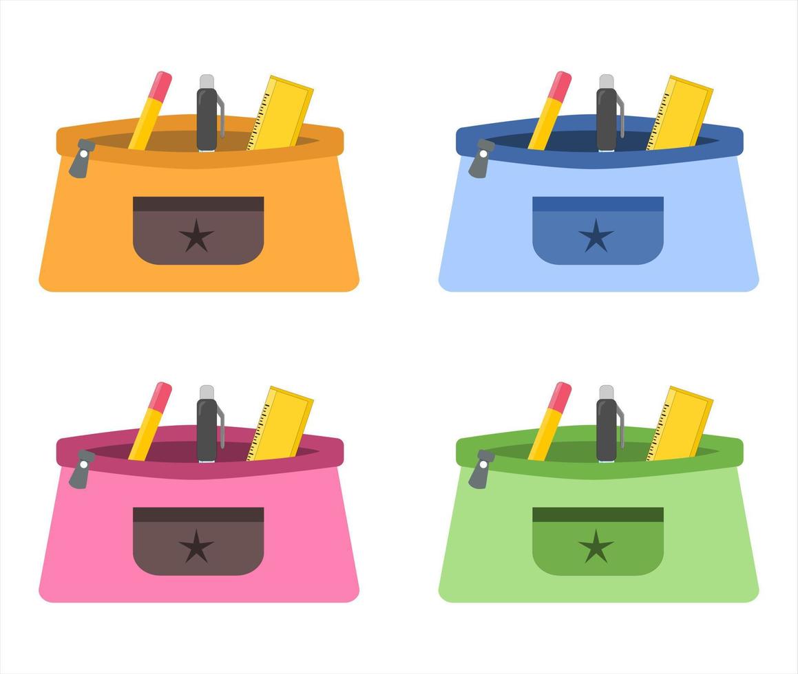 conjunto de ilustração vetorial de uma caixa de lápis cheia de material escolar e bolso pequeno vetor