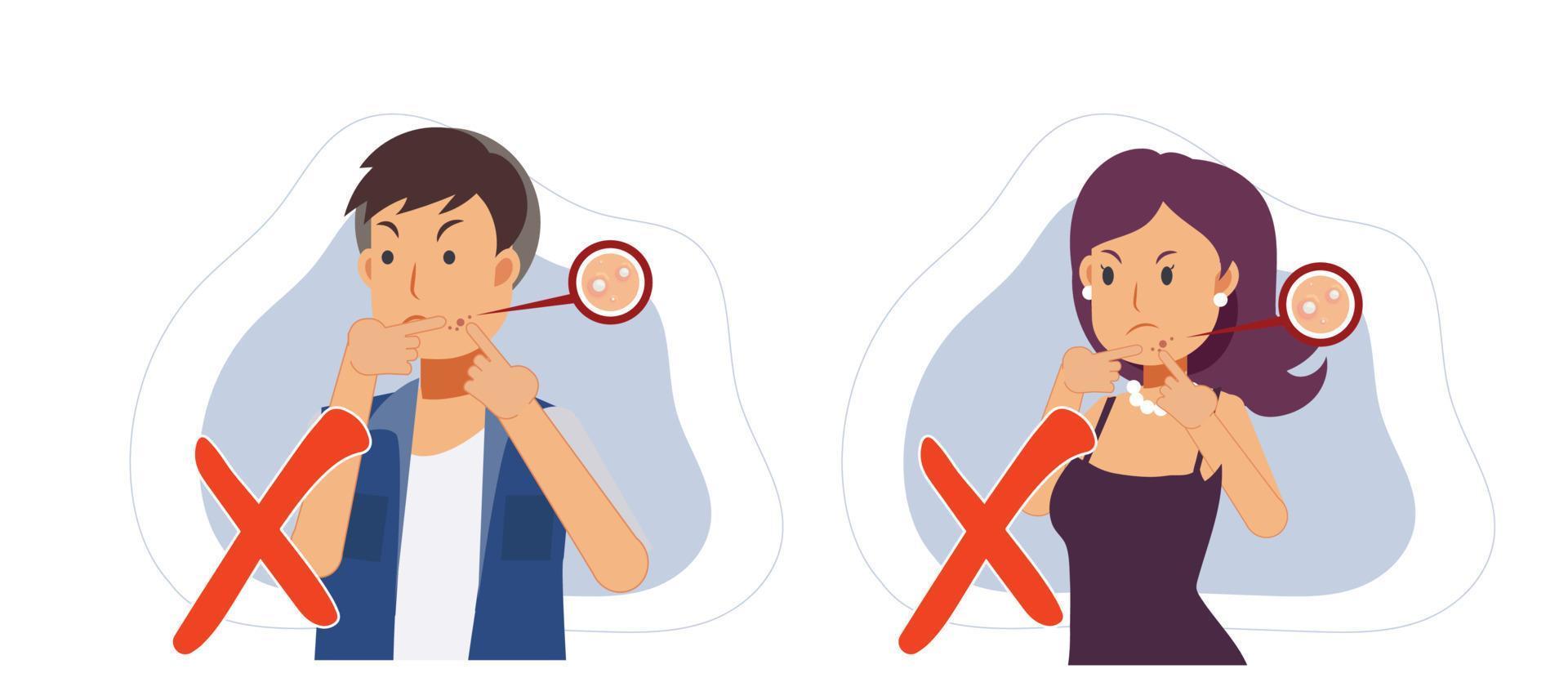 conjunto de mulher e homem tentando estourar espinha no rosto de acne. estourar acne é proibido. ilustração de personagem de desenho animado vetorial plana vetor