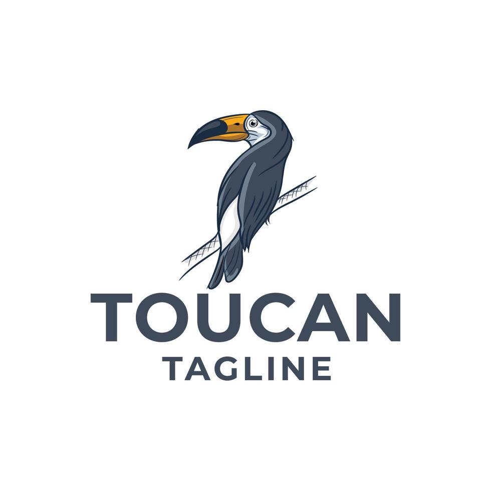 o design do logotipo do mascote do pássaro tucano está de pé em um galho, a cabeça está girando, olhando, olhando, logotipo do tipo de vetor de ícone de cabeça de animal