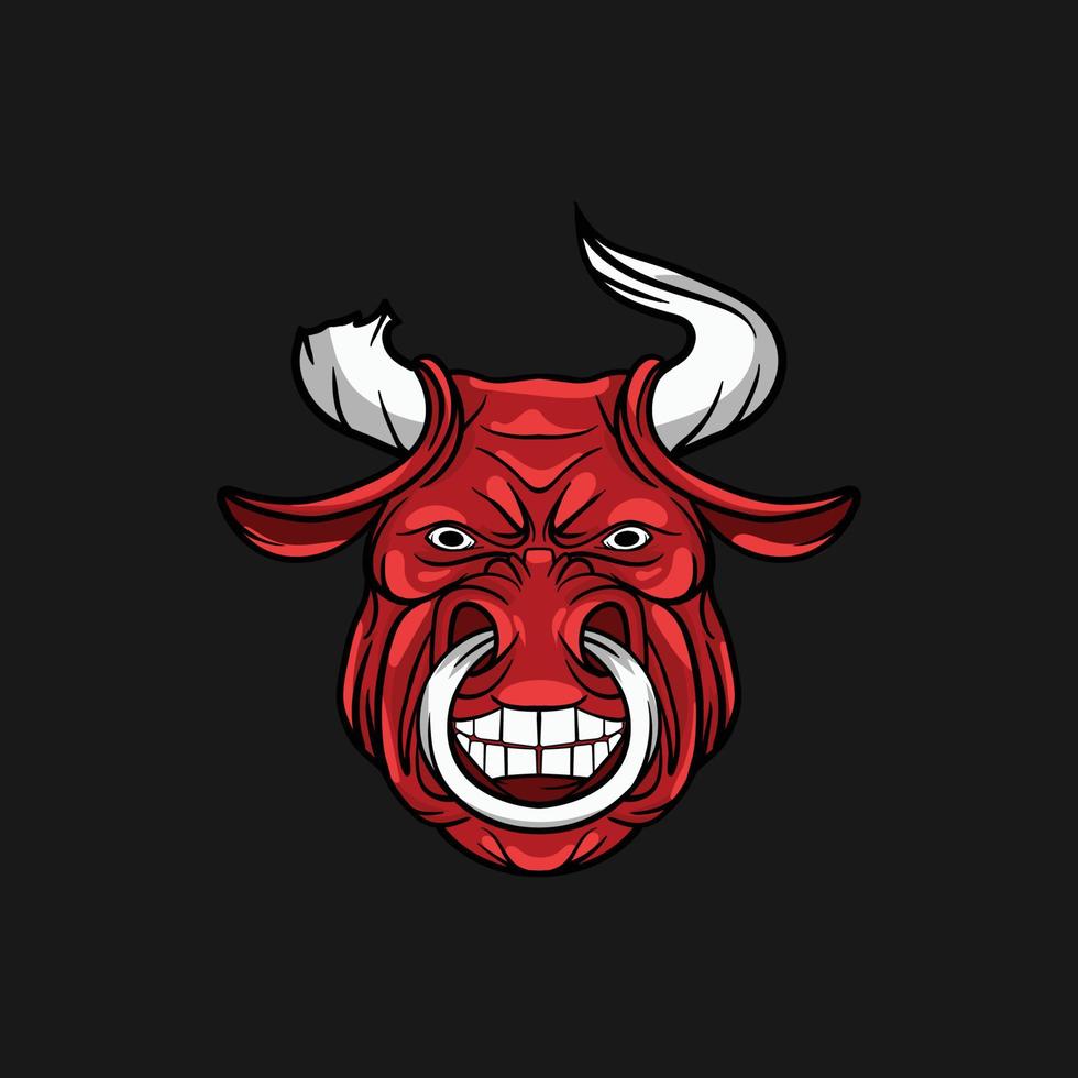 design de logotipo de desenho animado de personagem de mascote de touro, vaca, búfalo, mostrando dentes, animal vermelho irritado com ilustração vetorial de chifre quebrado vetor