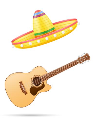 cocar mexicano nacional de sombrero e ilustração vetorial de guitarra vetor