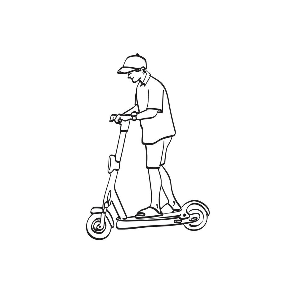 homem de arte de linha com boné montando um vetor de ilustração de e-scooter desenhado à mão isolado no fundo branco