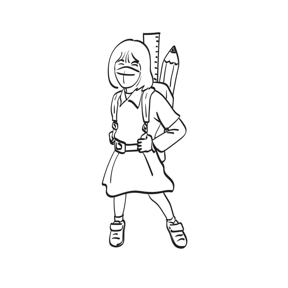 garota da escola de arte de linha de pé e usando máscara médica com régua de mochila e ilustração de lápis vetor desenhada à mão isolada no fundo branco