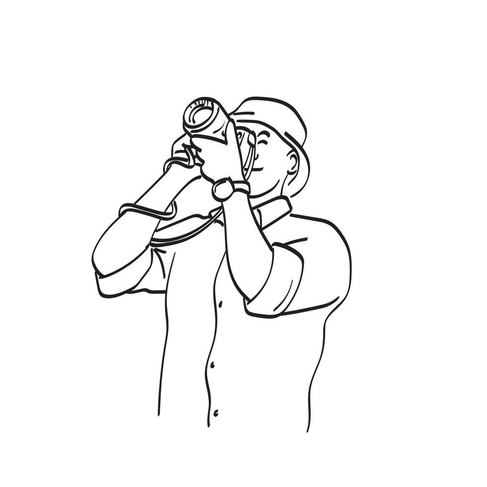 homem de metade do comprimento tirando fotos ilustração vetorial desenhada à mão isolada na arte de linha de fundo branco. vetor