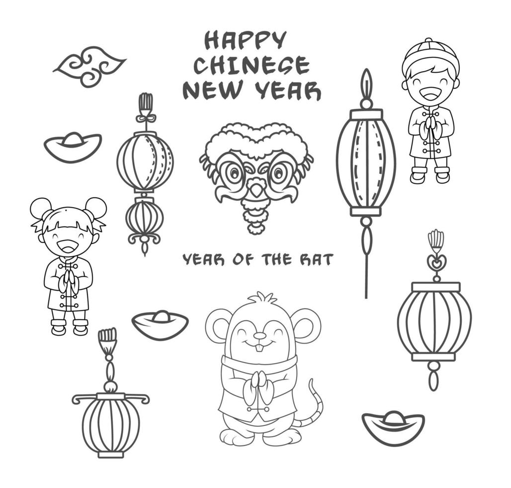 conjunto de doodle de ano novo chinês vetor