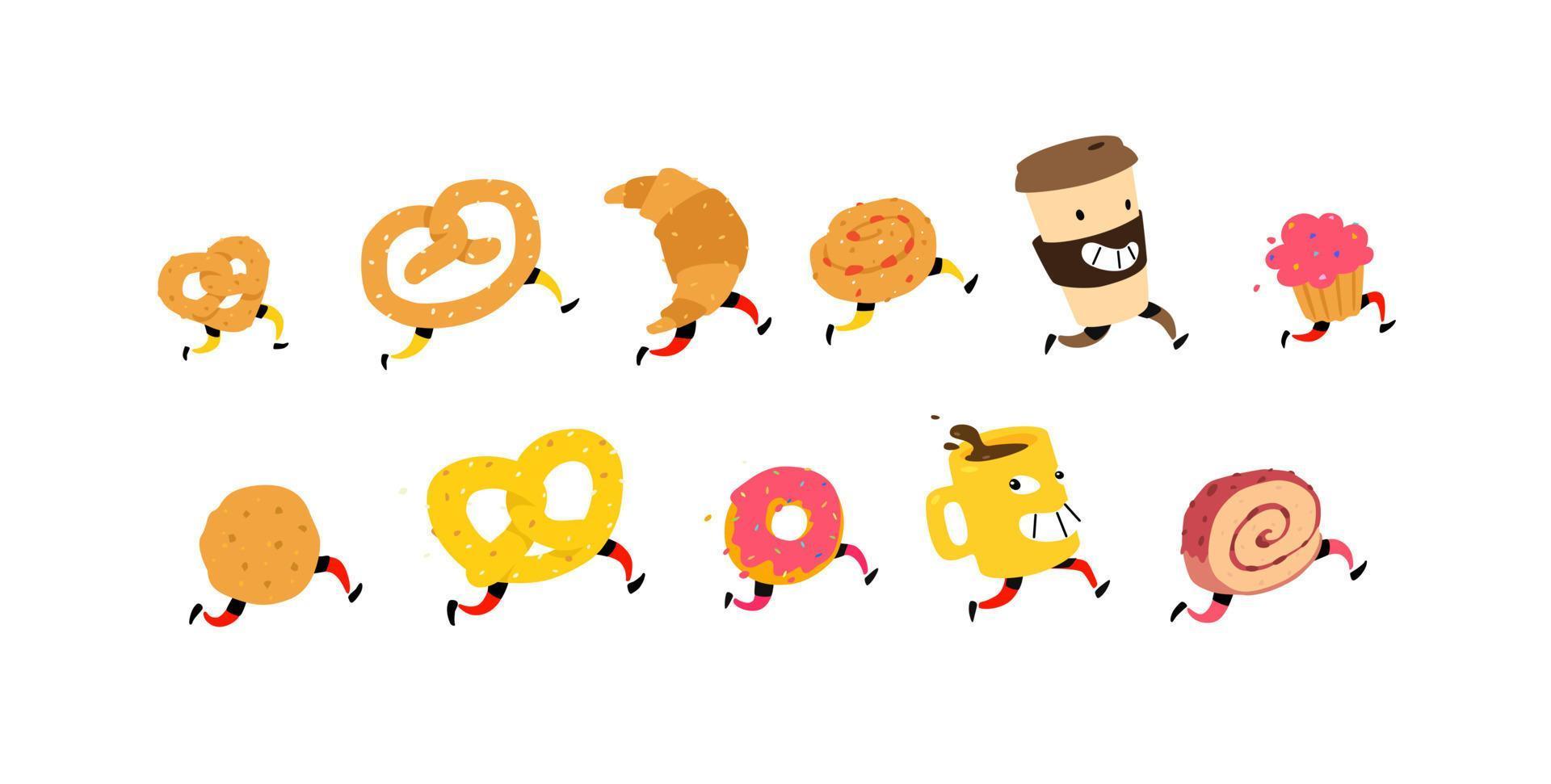 ilustração de lanches em execução. vetor. personagens copo de café, croissant, pão e outros. ícones para o site em um fundo branco. sinal, logotipo para uma loja, confeitaria, cafeteria ou padaria. vetor