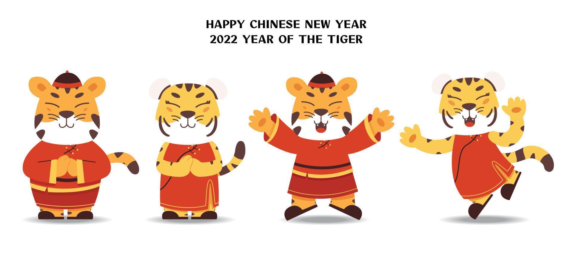 2022 ano novo chinês, ano do design de quatro personagens do tigre com poses diferentes vetor