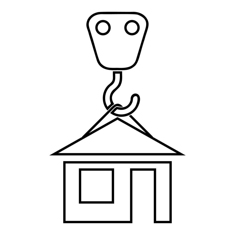 o gancho do guindaste levanta a casa segura o contorno do ícone da casa do telhado, ilustração vetorial de cor preta, imagem de estilo plano vetor
