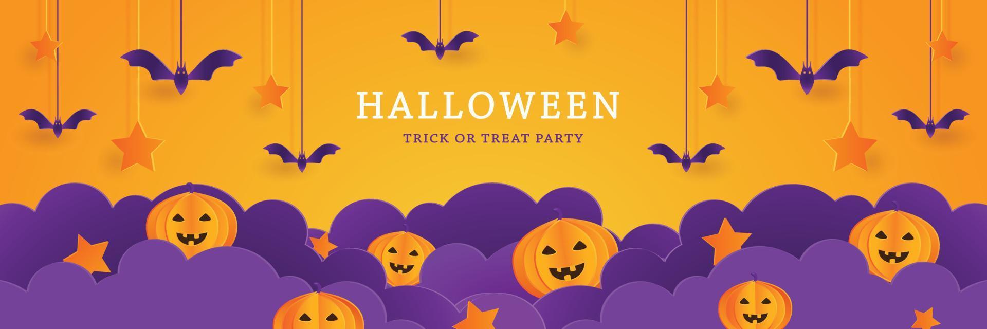 modelo de banner de halloween com estilo de corte de papel em nuvem e personagem de desenho animado fofo de abóbora, morcego, feriado de festa feliz, vetor de fundo de design de layout