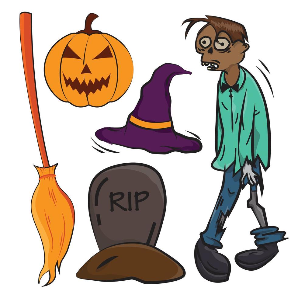 coleção de conjunto de personagens de halloween, elemento de ilustração de estilo de design plano de desenho animado, zumbi, chapéu, abóbora, lápide e gráfico de vetor de vassoura voadora