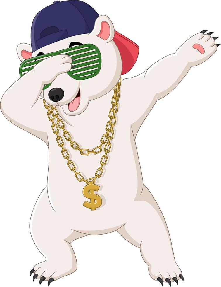 lindo urso polar dançando usando óculos escuros, chapéu e colar de ouro vetor