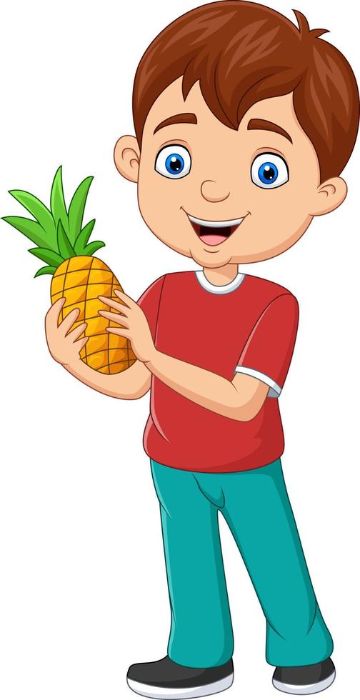 desenho animado garotinho segurando um abacaxi vetor