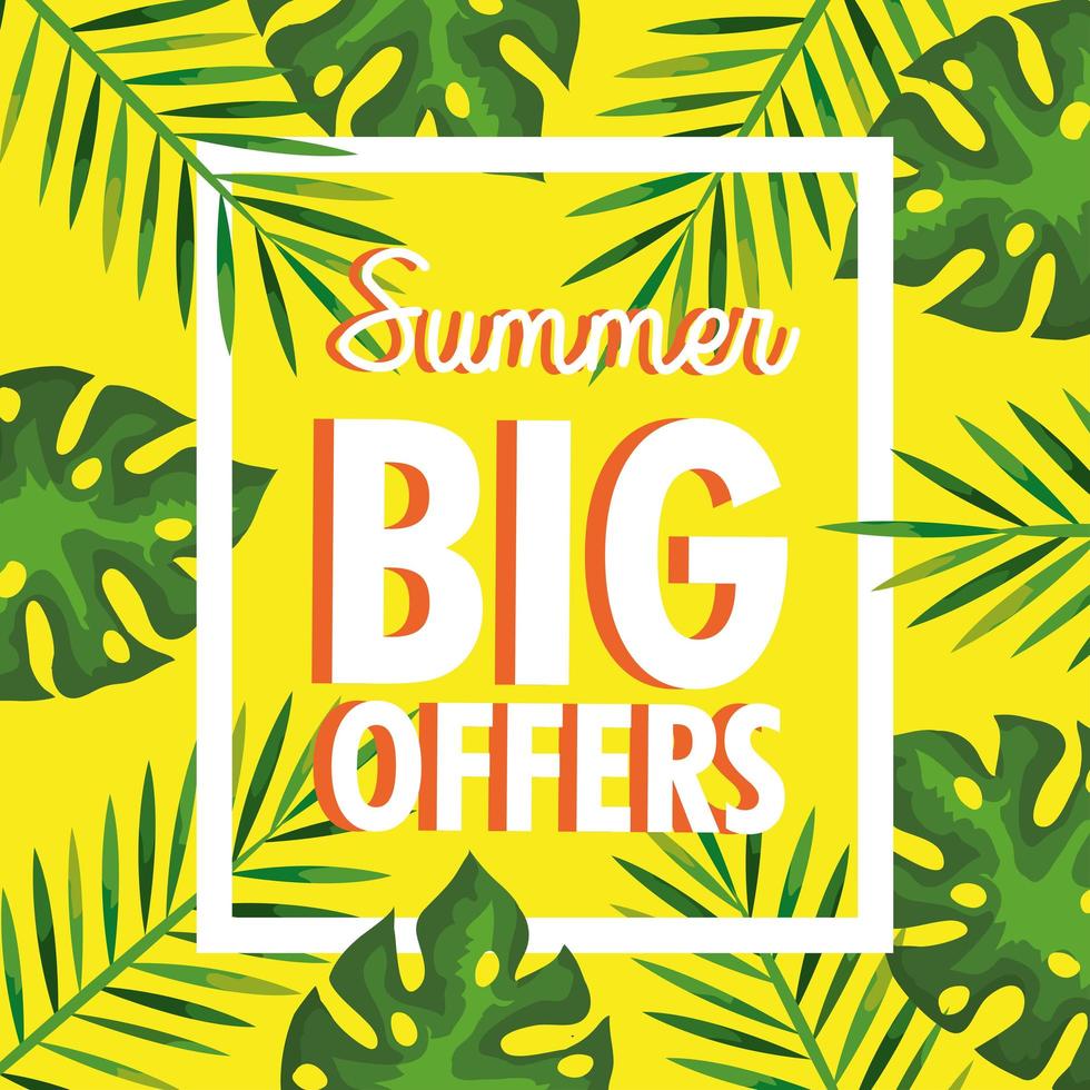 grandes ofertas de verão, banner com galhos e folhas tropicais, banner floral exótico vetor