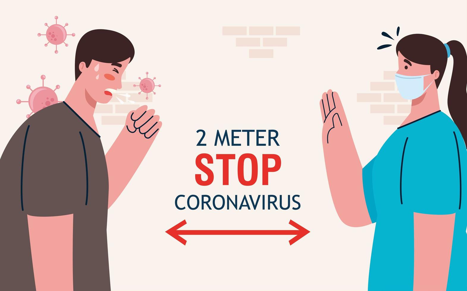 distanciamento social, pare o coronavírus a dois metros de distância, mantenha distância na sociedade pública para proteger as pessoas do covid 19, casal usando máscara médica contra coronavírus vetor