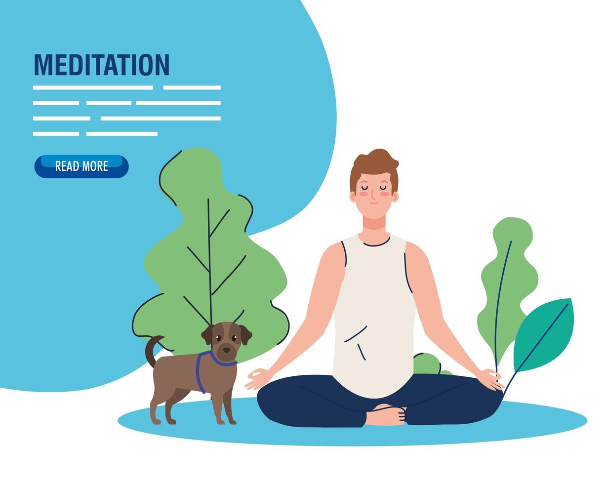 bandeira do homem meditando, conceito de ioga, meditação, relax, estilo de vida saudável na paisagem, com mascote de cachorro vetor