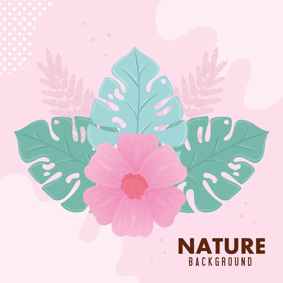 fundo da natureza, flor de cor rosa pastel com folhas tropicais vetor