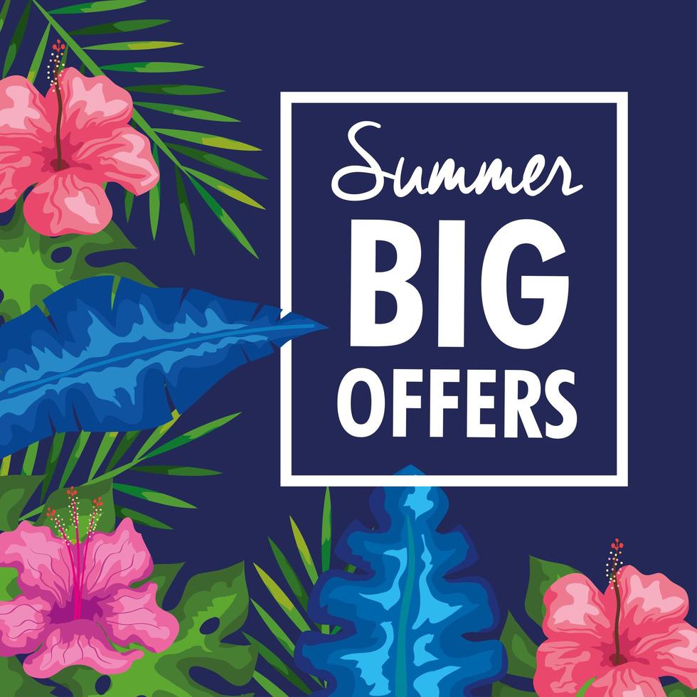 grandes ofertas de verão, banner com flores e folhas tropicais, banner floral exótico vetor