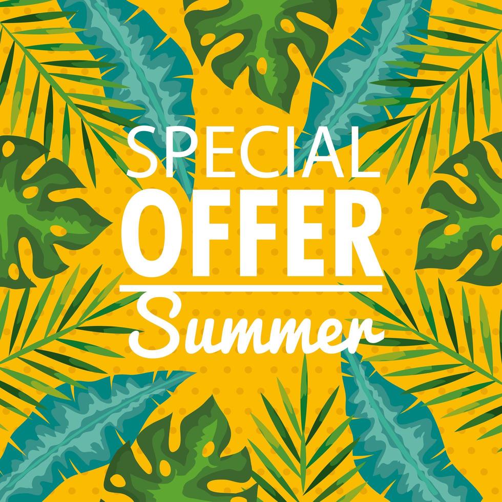 oferta especial verão, banner com galhos e folhas tropicais, banner floral exótico vetor