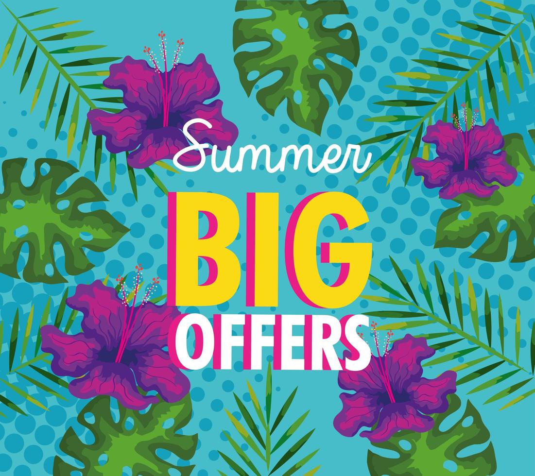 grandes ofertas de verão, banner com flores e folhas tropicais, banner floral exótico vetor