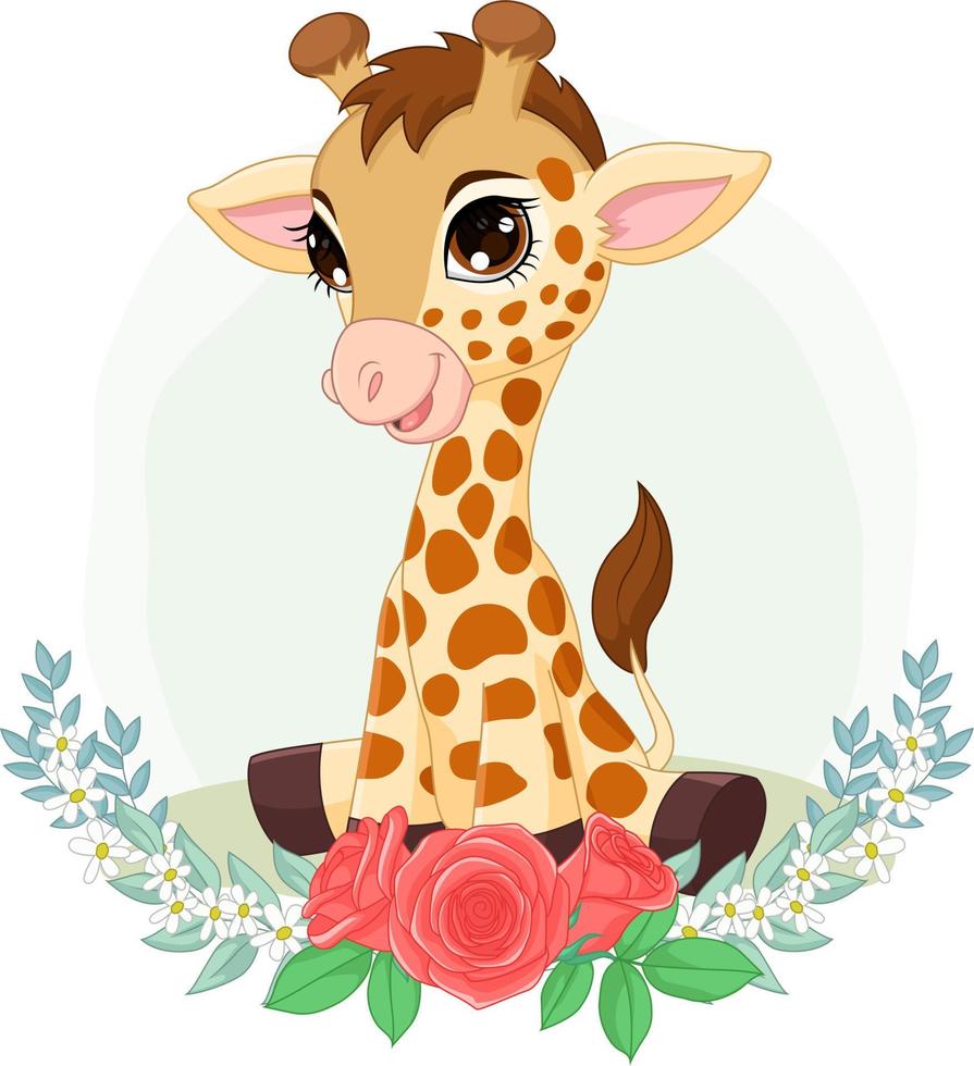 girafa bebê dos desenhos animados sentado com fundo de flores vetor