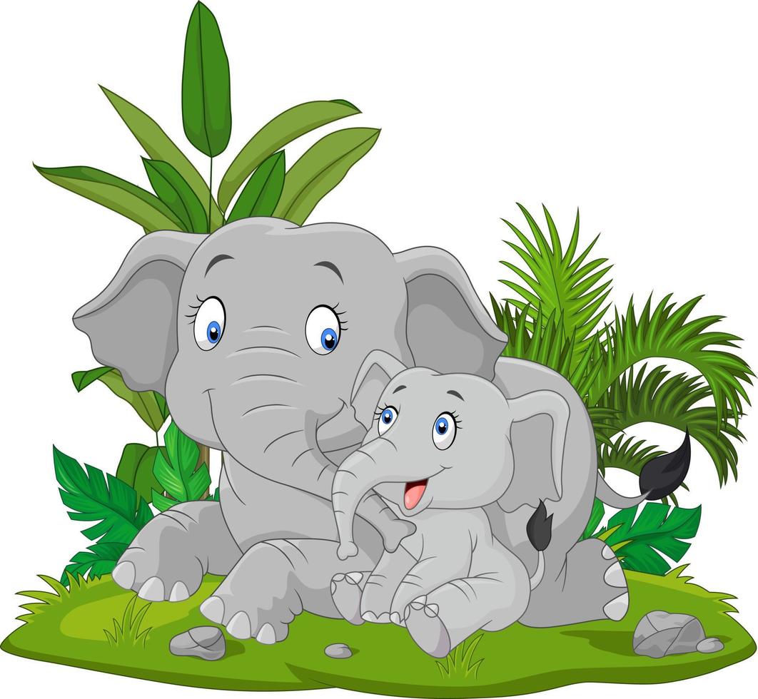 mãe dos desenhos animados e bebê elefante na grama vetor