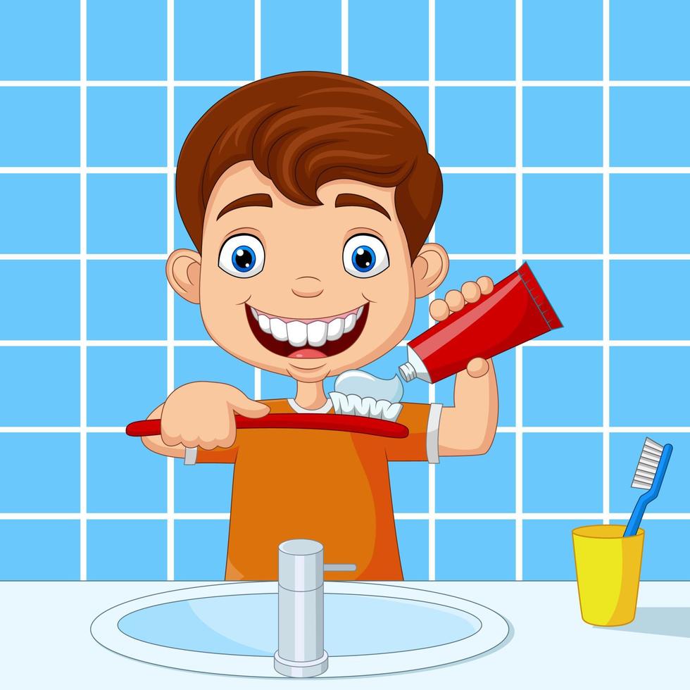 menino bonitinho escovando os dentes no banheiro vetor