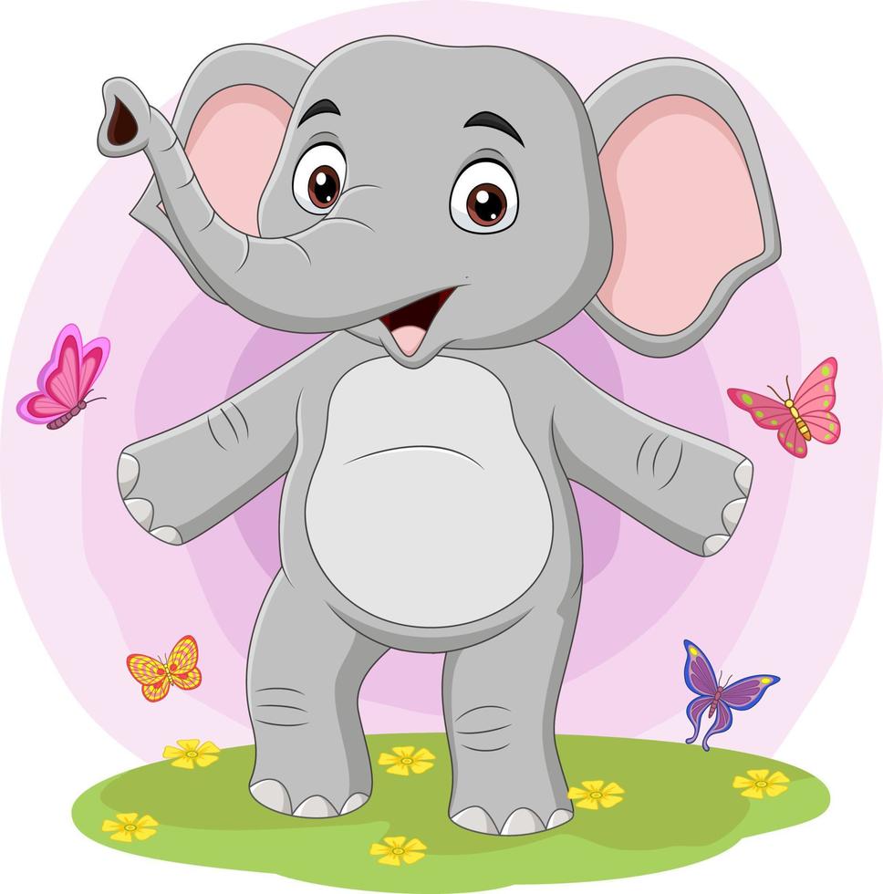 elefante feliz dos desenhos animados com borboletas na grama vetor