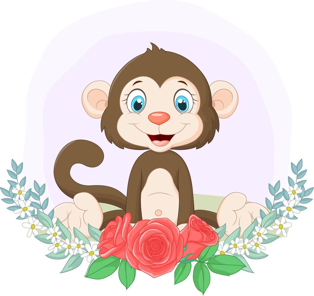 macaco bonito dos desenhos animados sentado com fundo de flores vetor