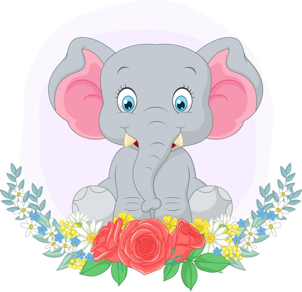 elefante fofo de desenho animado sentado com fundo de flores vetor