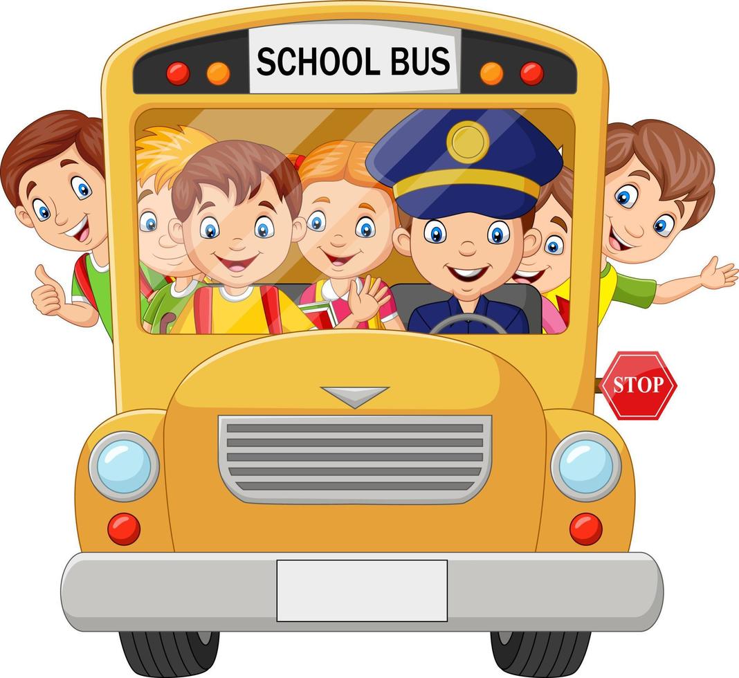 crianças felizes no ônibus escolar vetor