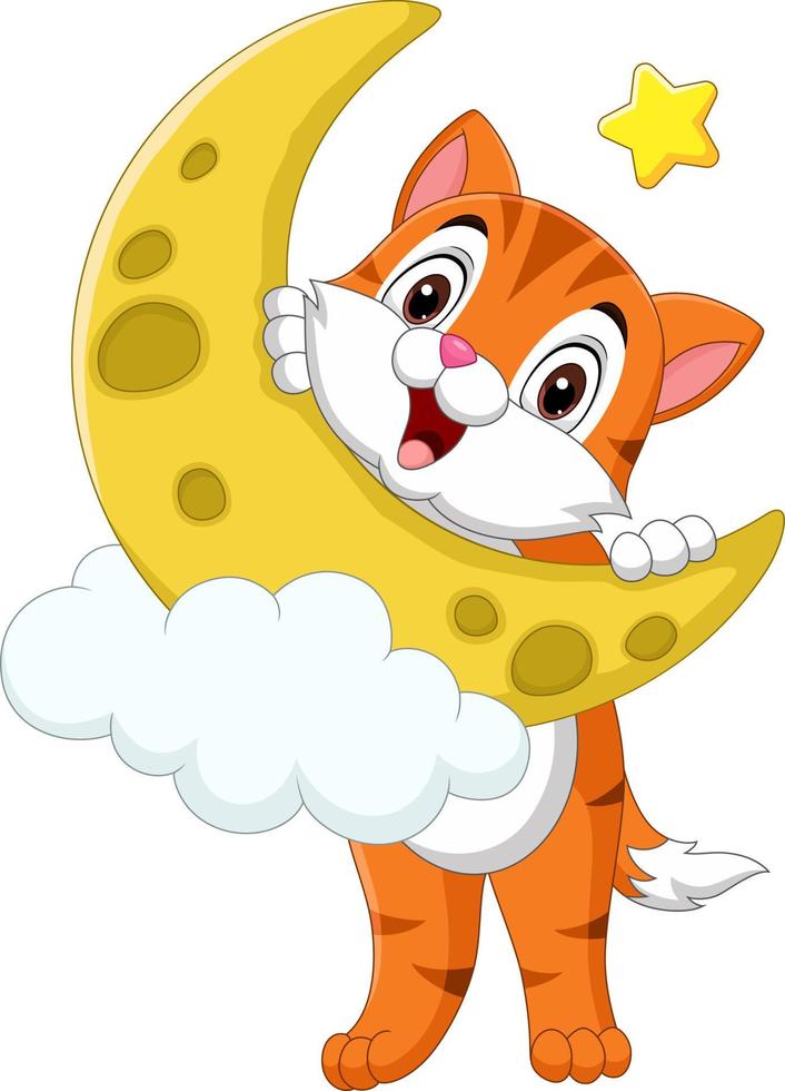 desenho animado gatinho engraçado com lua amarela vetor