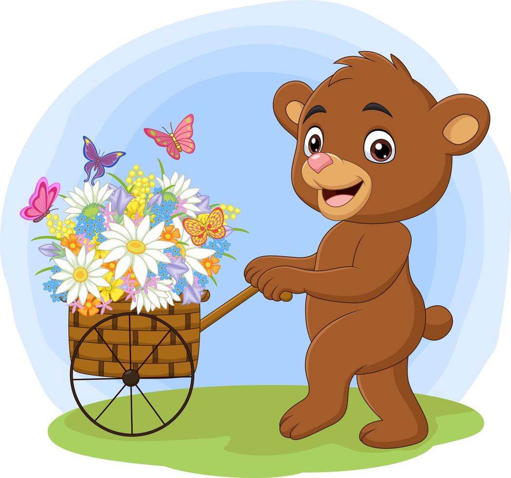 urso de desenho animado empurrando carrinho cheio de flores vetor