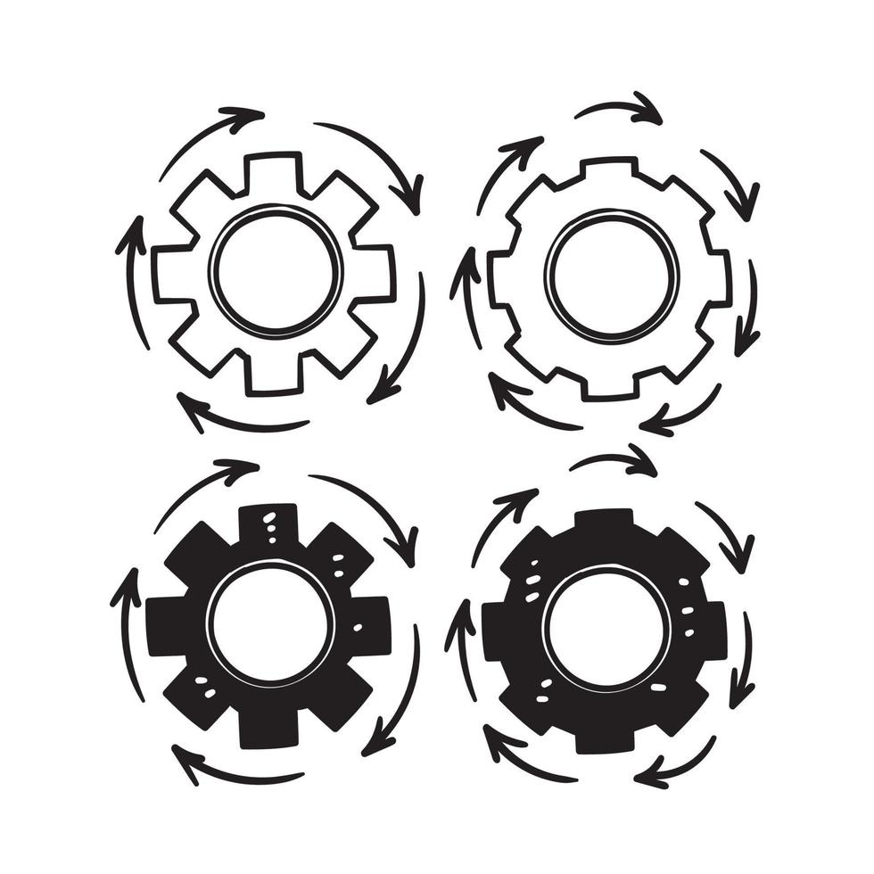 mecanismo de engrenagem de doodle desenhado à mão e vetor de ilustração de ícone de seta circular isolado