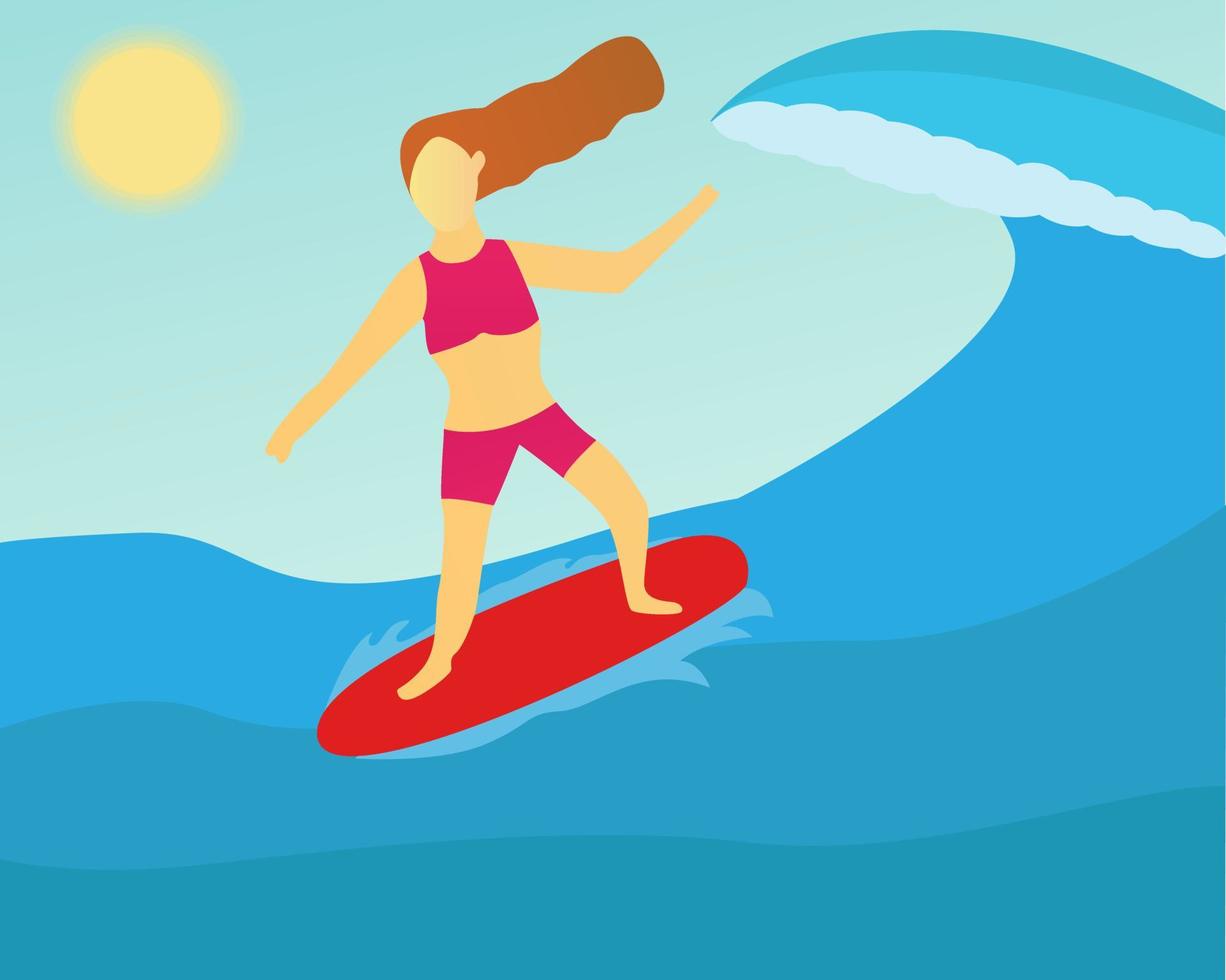 ilustração vetorial design de mulher surfando na praia. férias e verão vetor