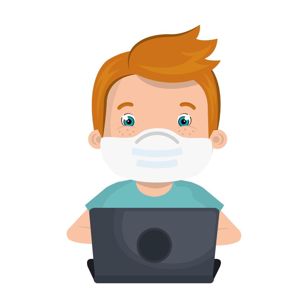 menino usando máscara facial com laptop estudando online vetor