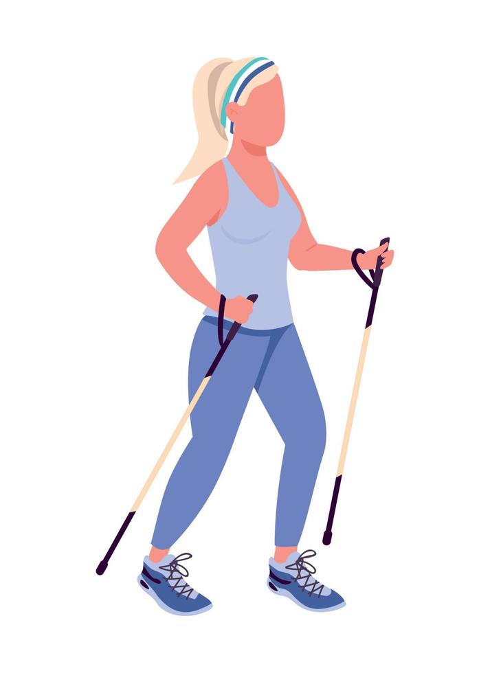 mulher em caminhada nórdica personagem de vetor de cor semi-plana