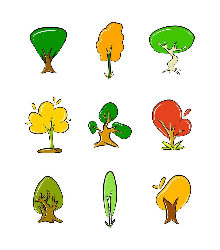 ícone dos desenhos animados da coleção de árvores vetoriais isolado no conjunto branco floresta natureza ilustração botânica clipart gráfico vetor