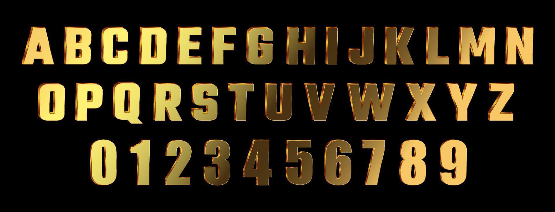 fonte 3d de ouro. letras e números do alfabeto de metal realistas. vetor