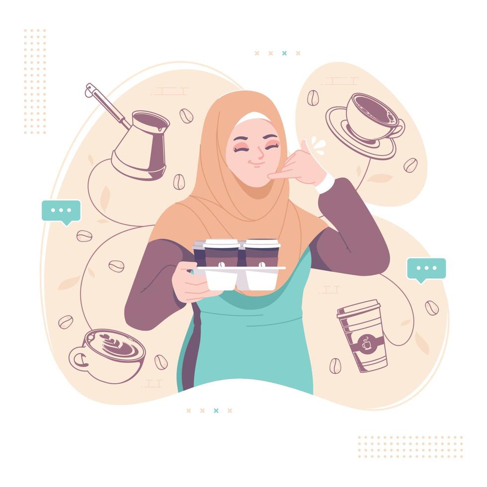 ilustração em vetor vintage hijab menina café barista