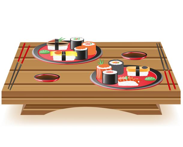 Suchi servido na ilustração vetorial de mesa de madeira vetor