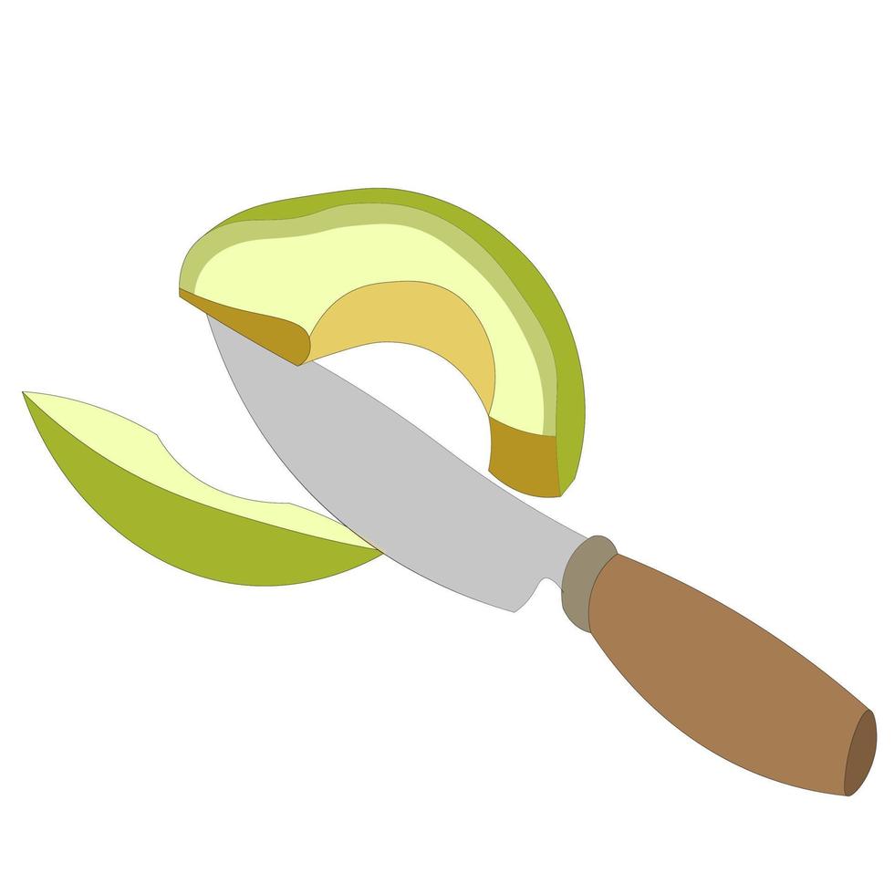 fatia abacate fresco com faca com cabo de madeira. cortando alimentos com faca de metal afiada. ilustração vetorial de comida vegana saudável. prepare alimentos saudáveis, legumes na cozinha. vetor