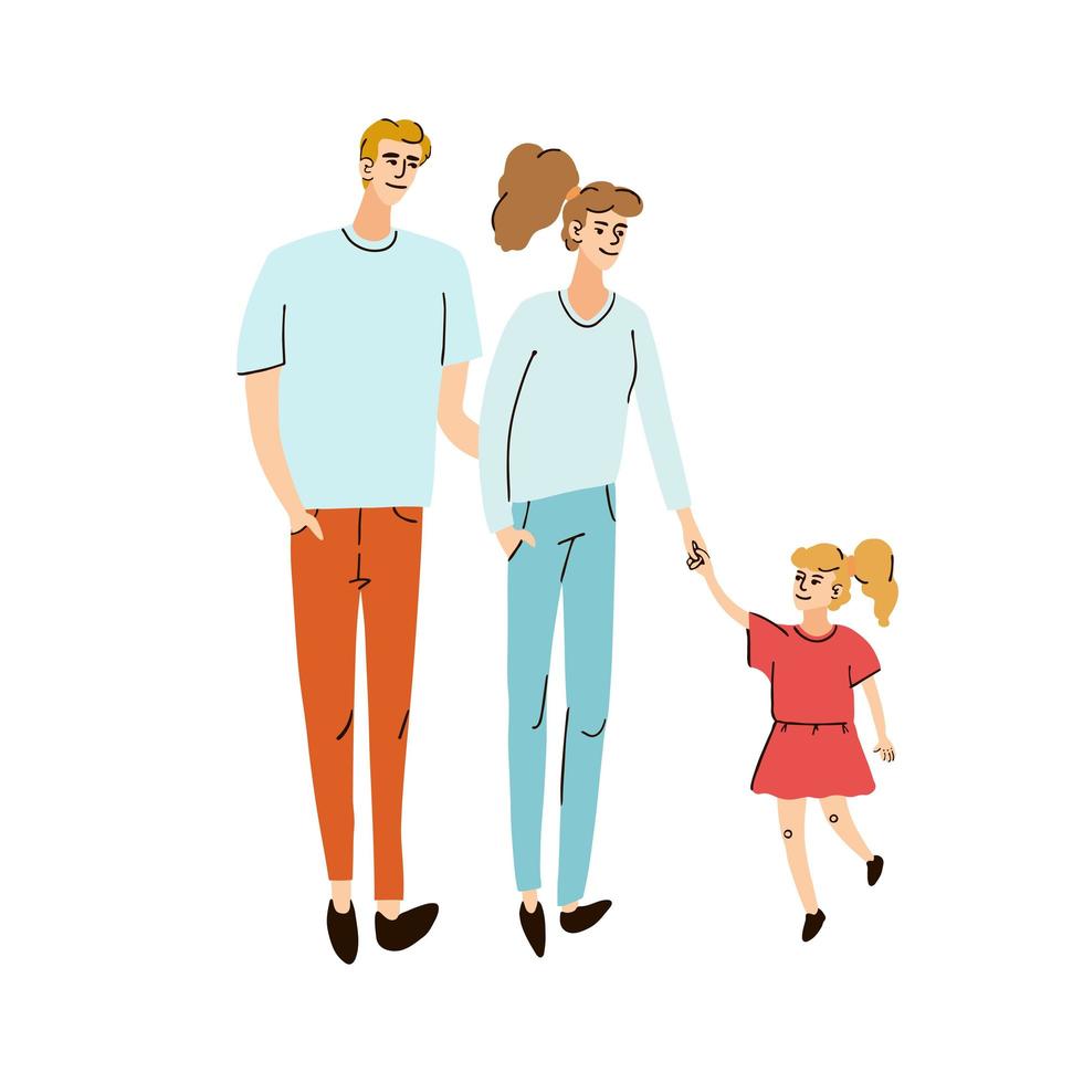 jovem família, mãe pai e filha juntos caminhando vetor