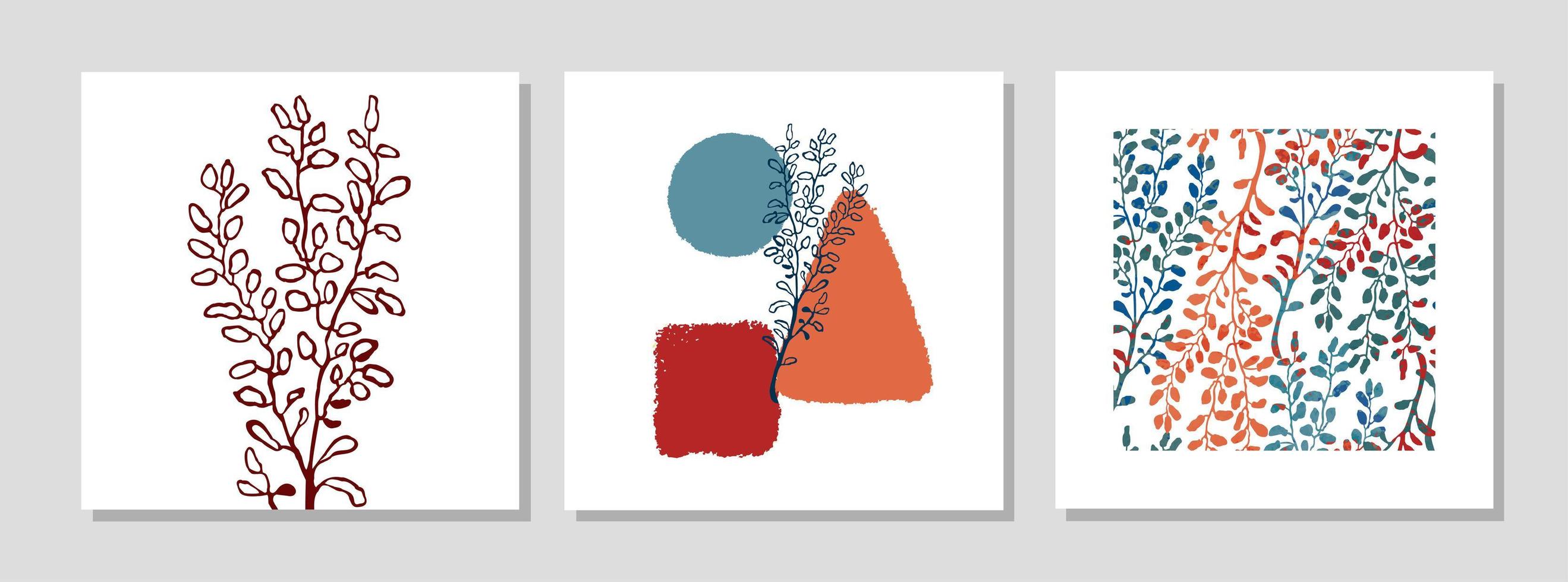 conjunto com pôster moderno de colagem com formas abstratas e ilustração de planta vetor