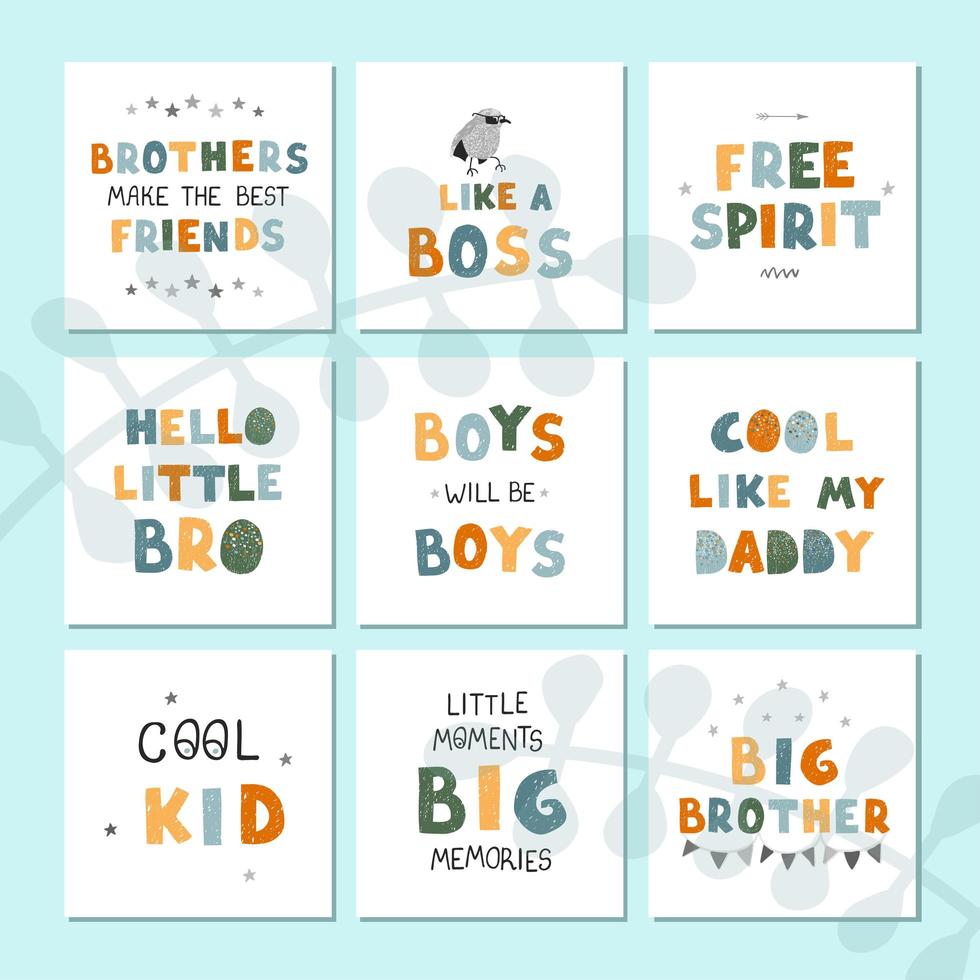 conjunto de vetores com divertidos cartazes de berçário desenhados à mão com letras para meninos