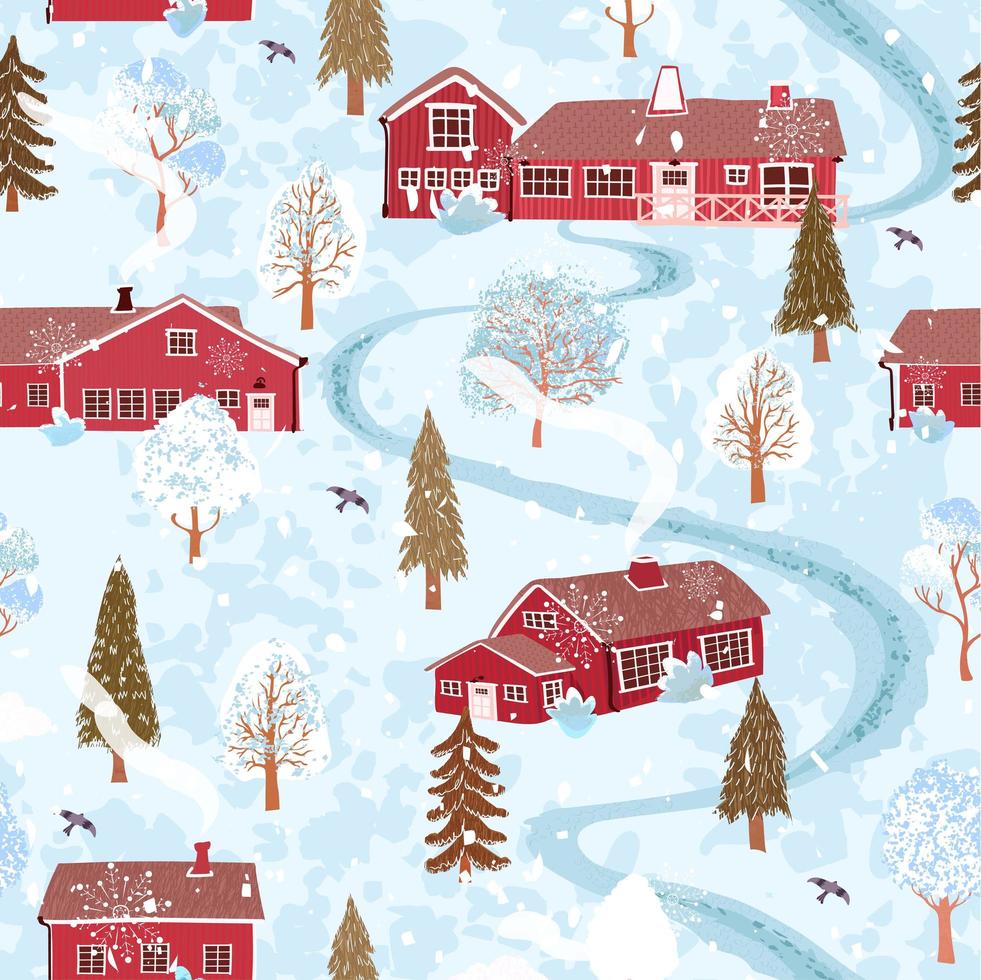 padrão perfeito com ilustração colorida da paisagem de inverno com uma casa no estilo escandinavo vetor