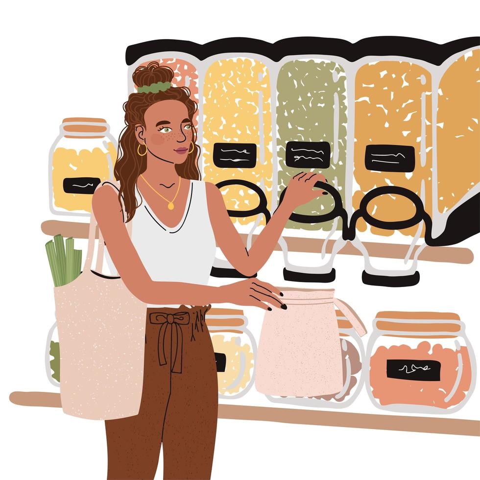 ilustrações de linda jovem com saco ecológico comprar comida na loja de lixo zero vetor