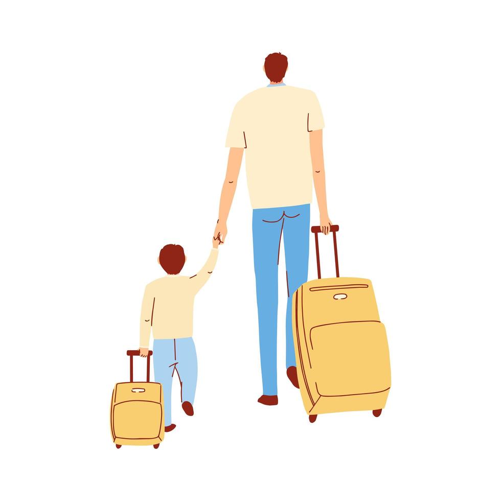 ilustração de pai e filho andam de mãos dadas com suas malas vetor