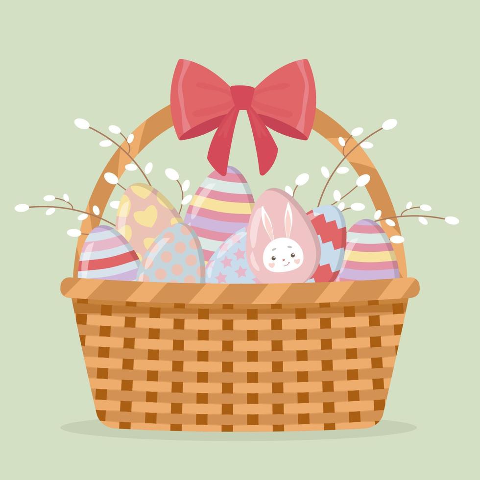 cesta com ovos de páscoa e arco, ilustração de páscoa de primavera. vetor