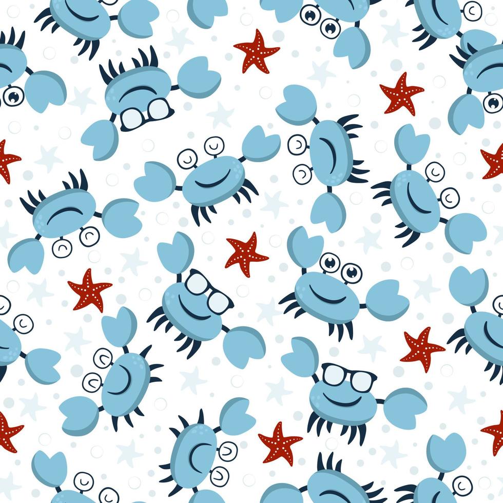padrão perfeito com caranguejos sorridentes engraçados, estrelas e bolhas vetor